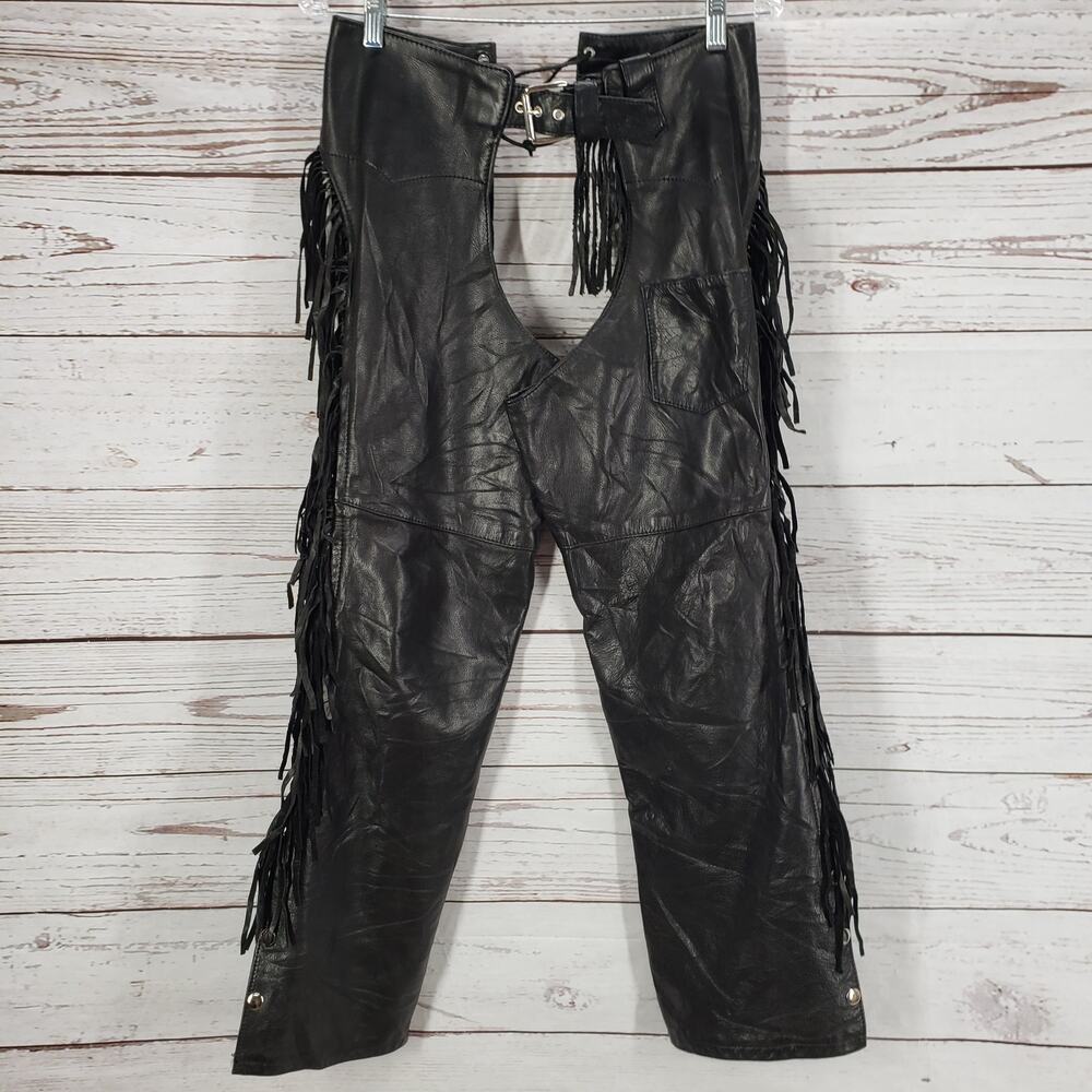 Hillside Leather USA Women's Black Leather Fringe Chaps Riding Pants Small